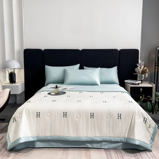 Freeship hoả tốc💕Bộ chăn ga gối phi lụa thêu chữ H chăn chần💕set 4 món trần chăn