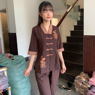 (LA HÁN NỮ PHỐI) Trang phục truyền thống Bộ quần áo nữ Phật tử, đồ lam đi chùa mẫu nữ vải Kate mã KA07