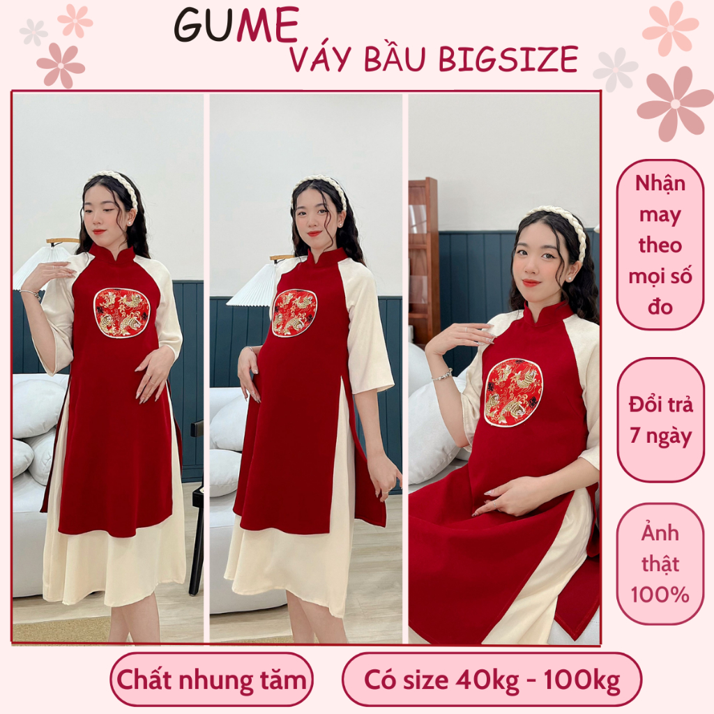 Áo dài bầu bigsize 40-100kg - Váy bầu GuMe Áo dài mặc Tết 2023 màu đỏ phối trắng nhung tăm GM130 (áo liền chân váy)