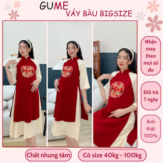 Áo dài bầu bigsize 40-100kg - Váy bầu GuMe Áo dài mặc Tết 2023 màu đỏ phối trắng nhung tăm GM130 (áo liền chân váy)