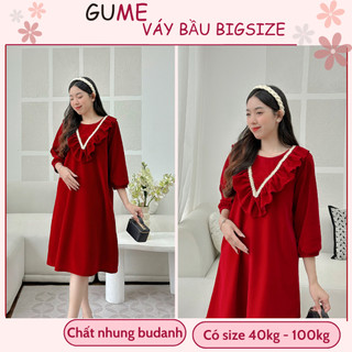 Váy bầu gume - đầm bầu màu đỏ bigsize 40-100kg mặc tết, giáng sinh vải nhung budanh dáng xuông a gm121