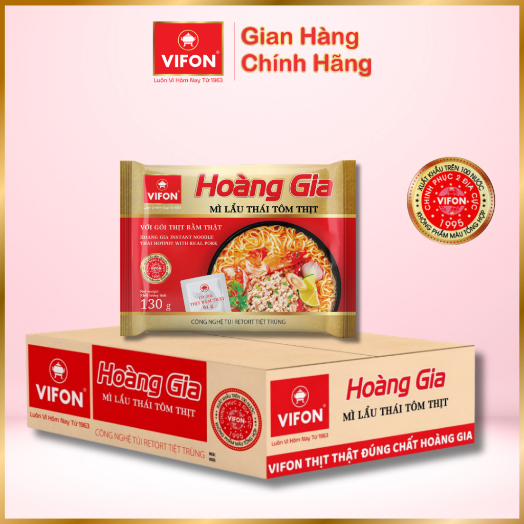 Thùng 18 gói Mì Lẩu Thái Tôm Thịt HOÀNG GIA VIFON 130gr / Gói