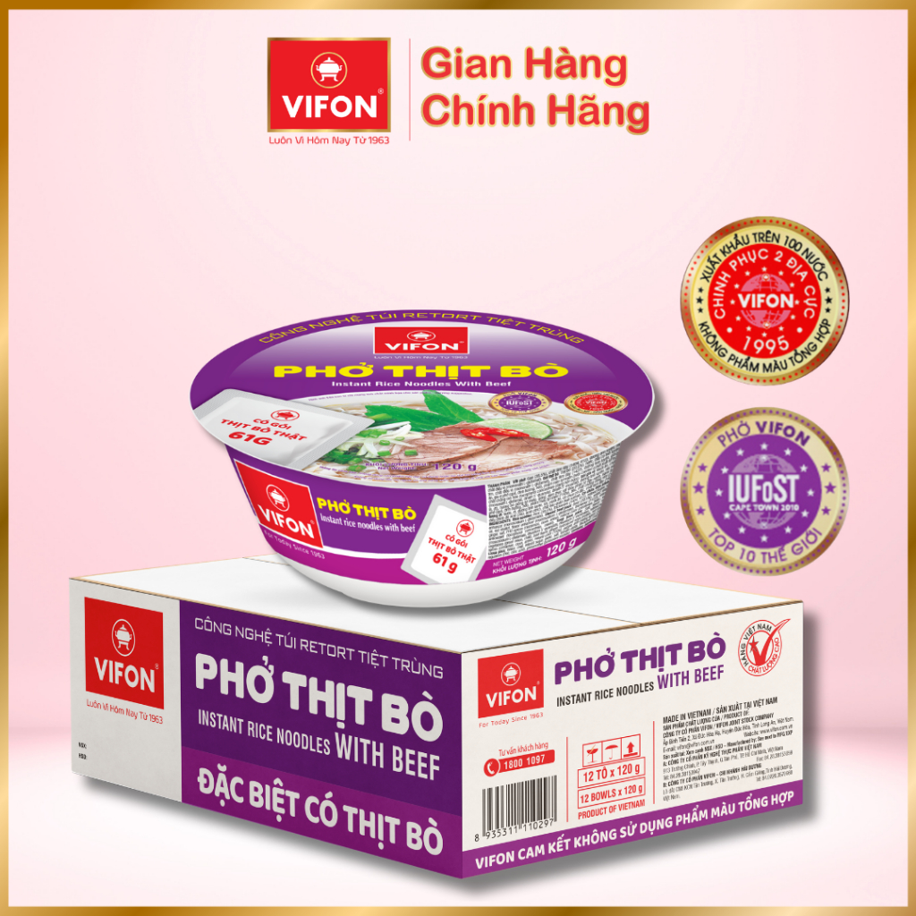 Thùng 12 Tô Phở Thịt Bò Có Thịt Thật VIFON 120g/Tô