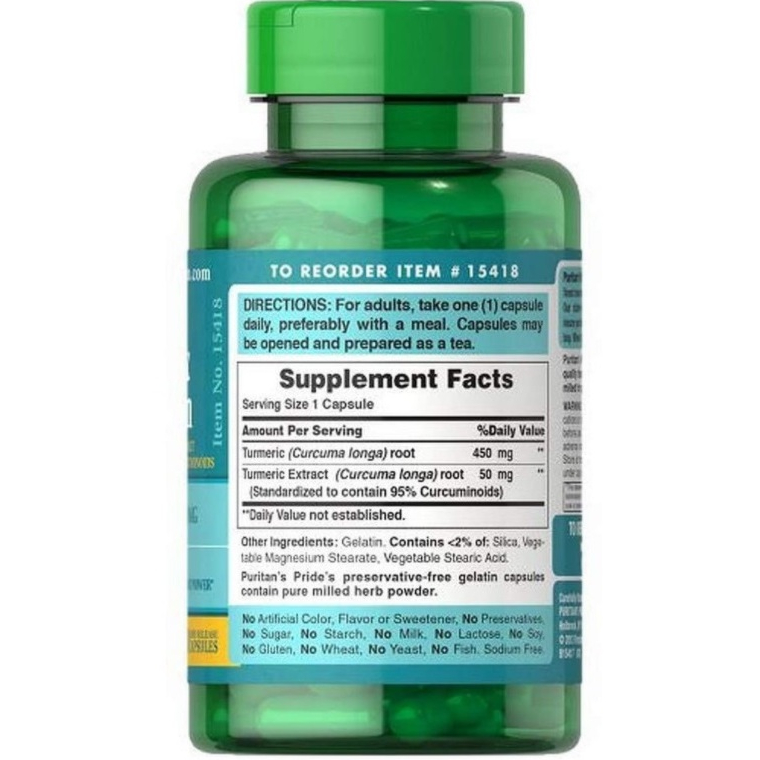 Viên uống tinh chất nghệ làm đẹp da Puritan's Pride Turmeric curcumin 500mg 90v và 180v của Mỹ