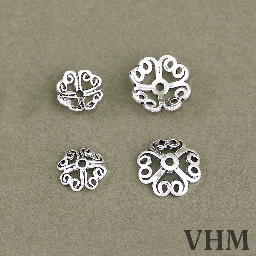Charm bạc đế ốp hạt kiểu trái tim 4 cánh C03, Bạc 925