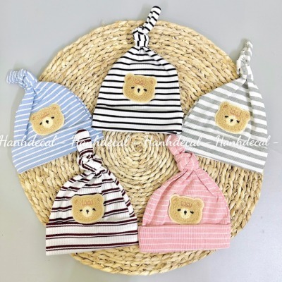 Mũ tỏi cotton đính Gấu phối kẻ dễ thương phong cách Hàn Quốc, co giãn cho bé sơ sinh