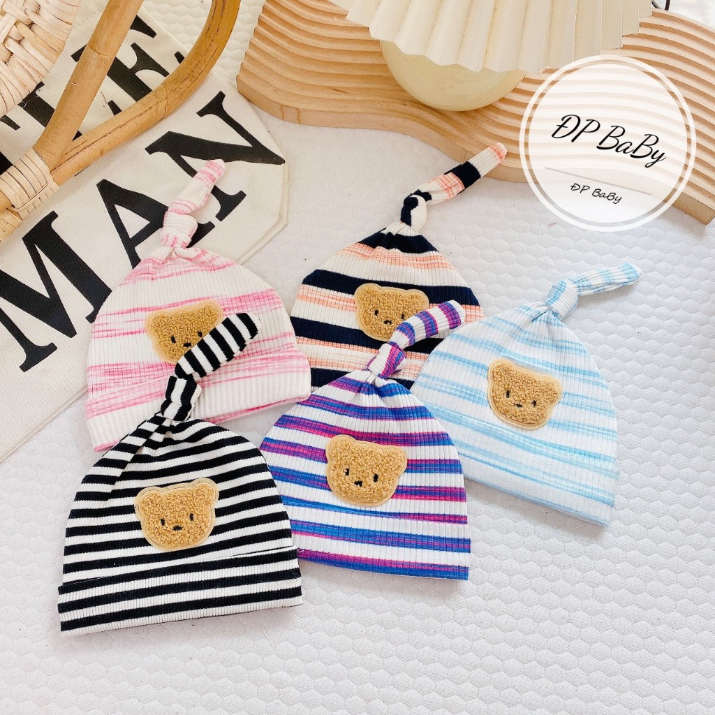 Mũ tỏi cotton đính Gấu phối kẻ dễ thương phong cách Hàn Quốc, co giãn cho bé sơ sinh