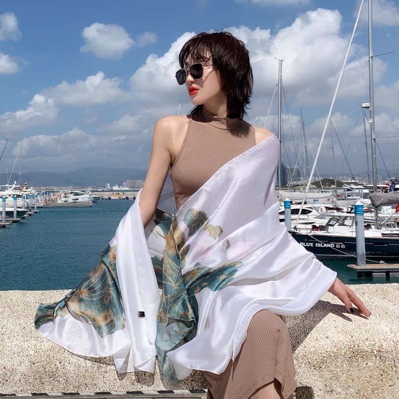 Khăn lụa dài quàng cổ bông hoa sen nhẹ nhàng sang trọng 90x180cm KLD-029 thy thy store