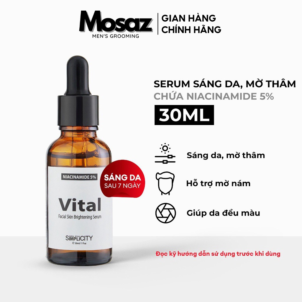 Serum sáng da mờ thâm cho nam Men Stay Simplicity Vital Facial Skin Brightening 30ml với Niacinamide 5%