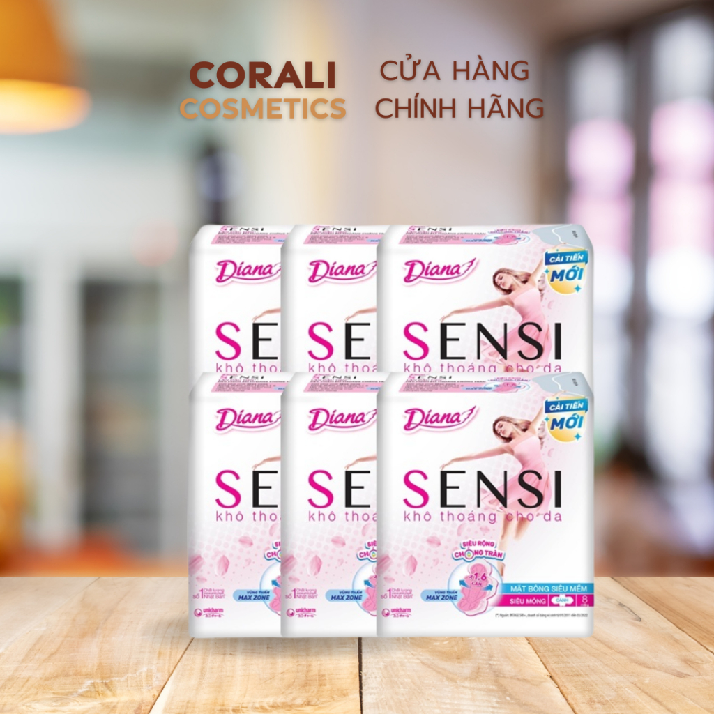 Bộ 6 gói băng vệ sinh Diana Sensi siêu mỏng cánh gói 8 miếng/gói