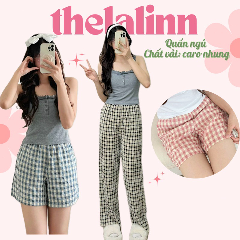 Quần short dài kẻ nhung form rộng ống suông dày dặn. Quần ngủ caro hàn quốc