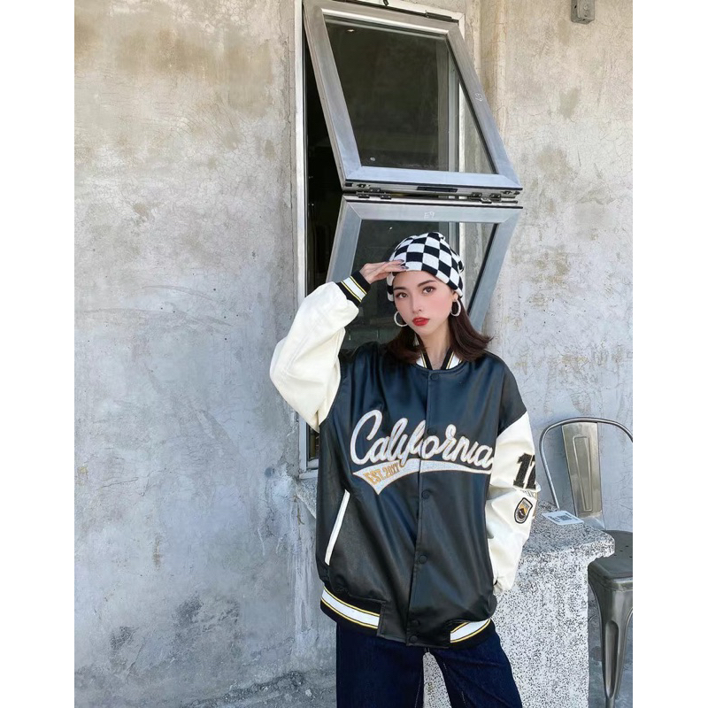 Áo khoác bomber jacket varisity nam nữ da PU chữ thêu California phong cách bóng chày trẻ trung