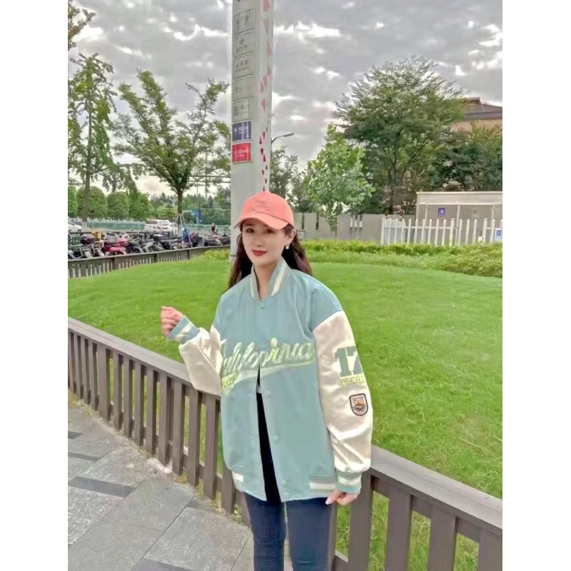 Áo khoác bomber jacket varisity nam nữ da PU chữ thêu California phong cách bóng chày trẻ trung