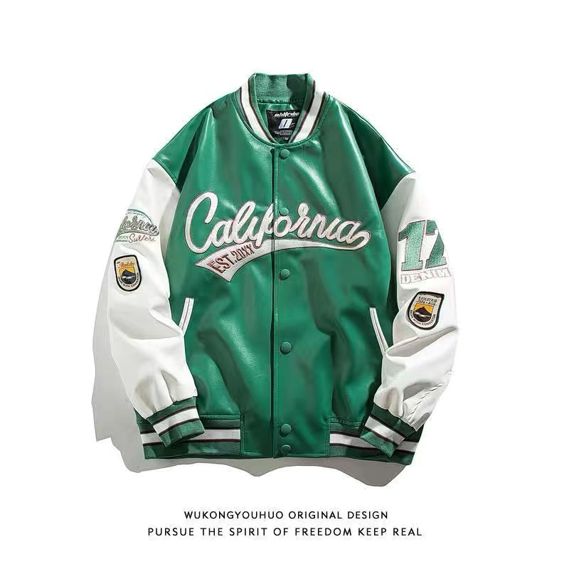 Áo khoác bomber jacket varisity nam nữ da PU chữ thêu California phong cách bóng chày trẻ trung