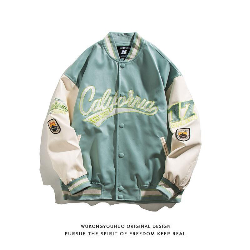 Áo khoác bomber jacket varisity nam nữ da PU chữ thêu California phong cách bóng chày trẻ trung