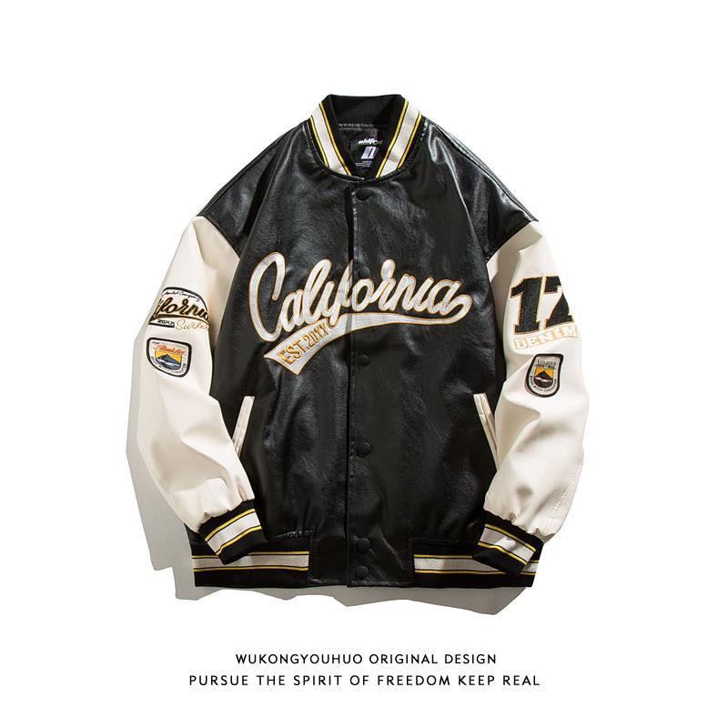 Áo khoác bomber jacket varisity nam nữ da PU chữ thêu California phong cách bóng chày trẻ trung