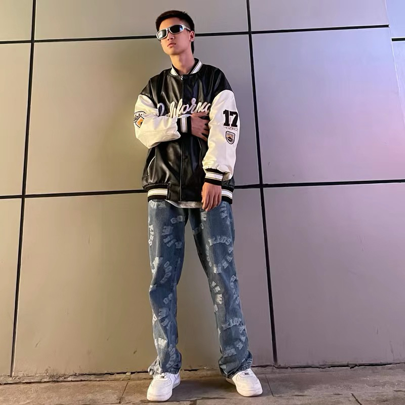 Áo khoác bomber jacket varisity nam nữ da PU chữ thêu California phong cách bóng chày trẻ trung