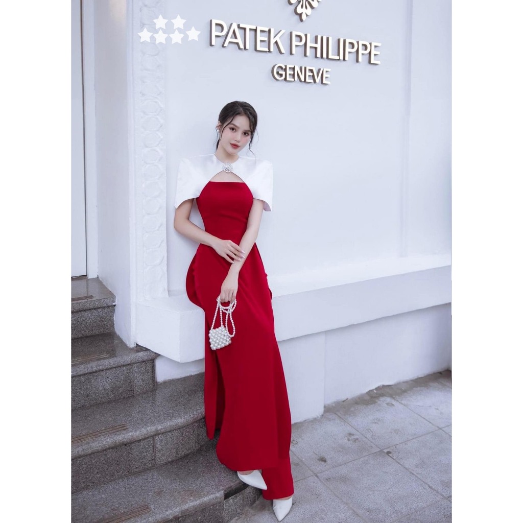 Set áo dài diện TẾT thiết kế vai choàng cách tân ,áo dài đỏ tay trắng úp kèm tag đá hoa sang trọng phối quần dài đi tiệc