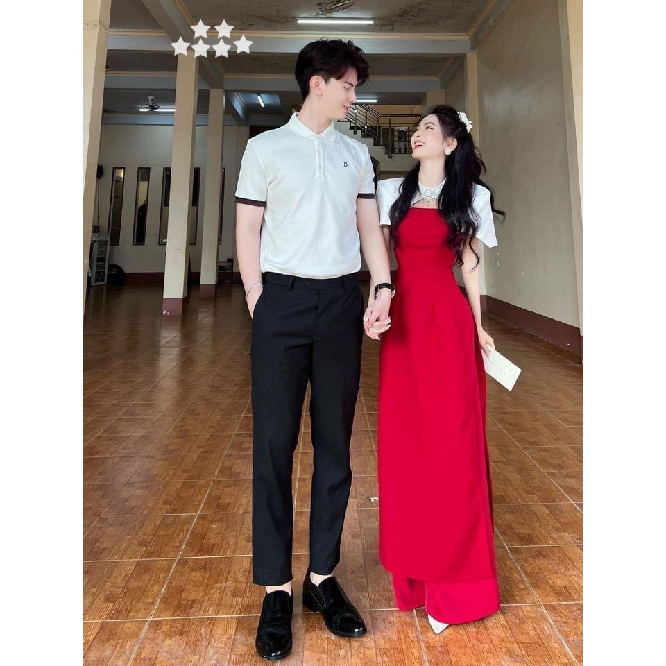 Set áo dài diện TẾT thiết kế vai choàng cách tân ,áo dài đỏ tay trắng úp kèm tag đá hoa sang trọng phối quần dài đi tiệc