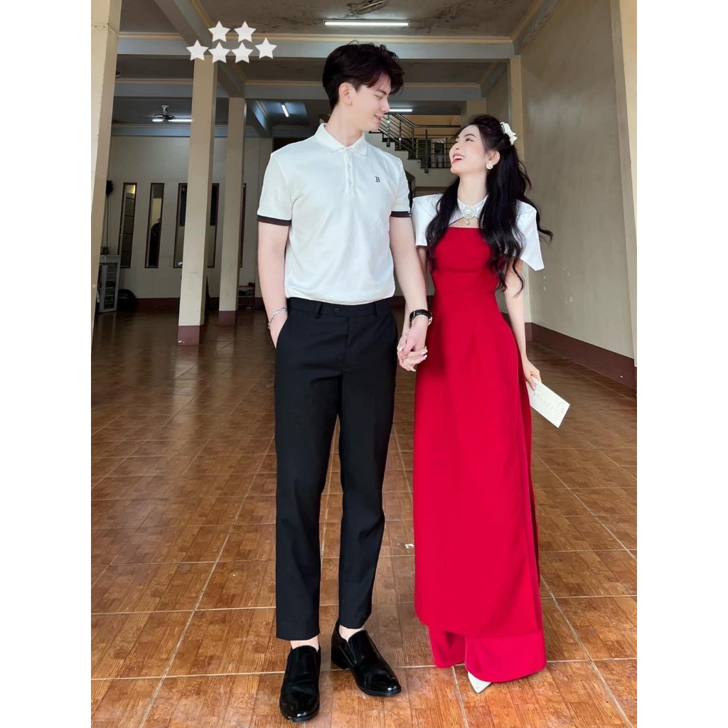 Set áo dài diện TẾT thiết kế vai choàng cách tân ,áo dài đỏ tay trắng úp kèm tag đá hoa sang trọng phối quần dài đi tiệc
