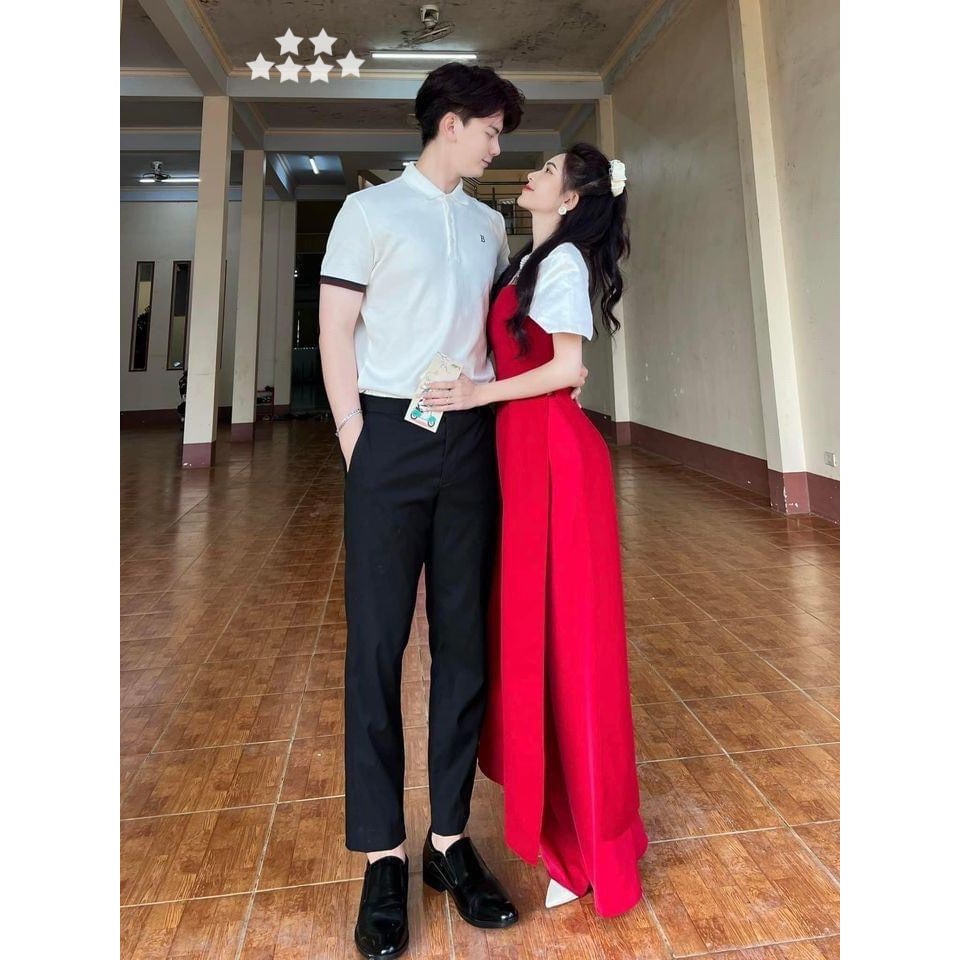 Set áo dài diện TẾT thiết kế vai choàng cách tân ,áo dài đỏ tay trắng úp kèm tag đá hoa sang trọng phối quần dài đi tiệc
