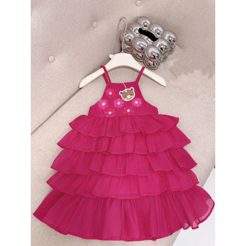 Váy  2 dây tầng bèo đính hoa nổi xinh xắn bé gái