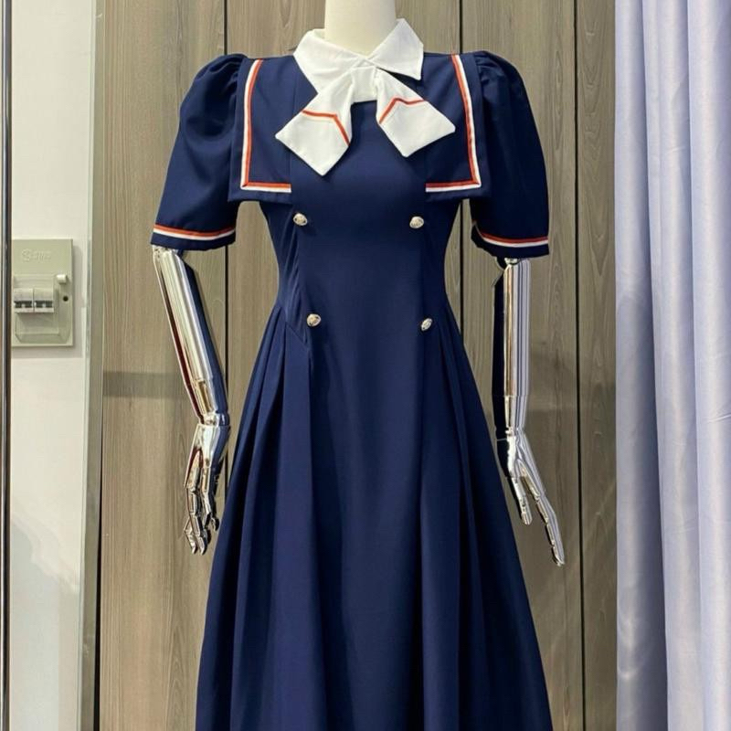 Đầm Váy Thời Trang Nữ Bigsize Phối Cổ Nơ Thủy Thủ Chất Cotton Lạnh 50-95kg Múp Xinh