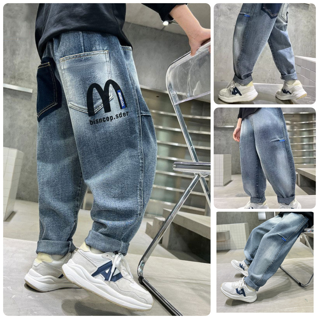 quần jean bé trai lớn quần bò dài size đại kiểu dáng rộng hip hop QJ16 size 130-170 25-45 kg hàng quảng châu