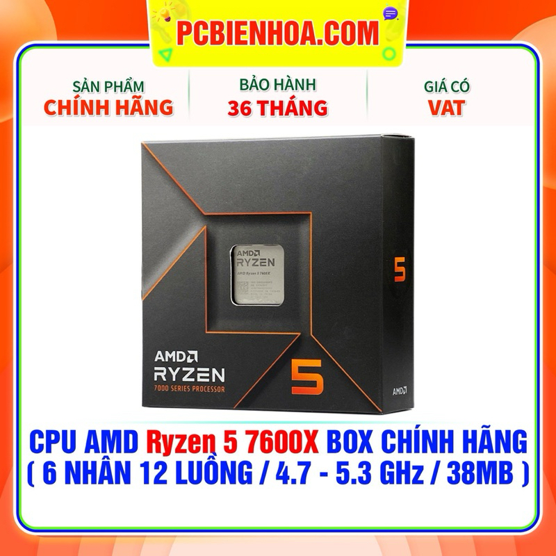 CPU AMD RYZEN 5 7600X BOX CHÍNH HÃNG ( 6 NHÂN 12 LUỒNG / 4.7 - 5.3 GHZ / 38MB )