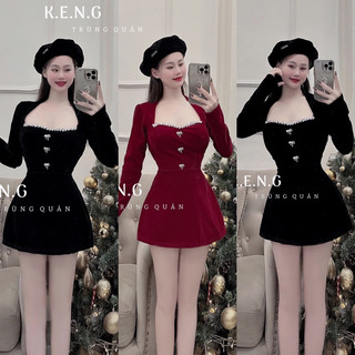 Váy nhung tay dài cổ vuông viền đá cúc nơ dáng A siêu đẹp tôn dáng