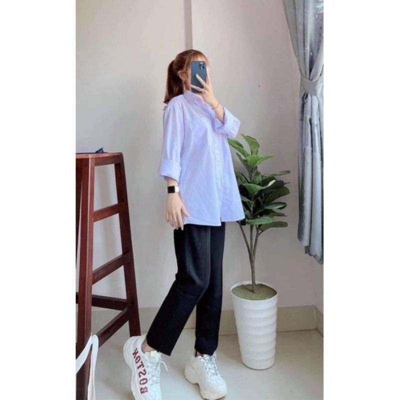 áo trắng đi học dài tay dáng rộng màu trắng xanh
