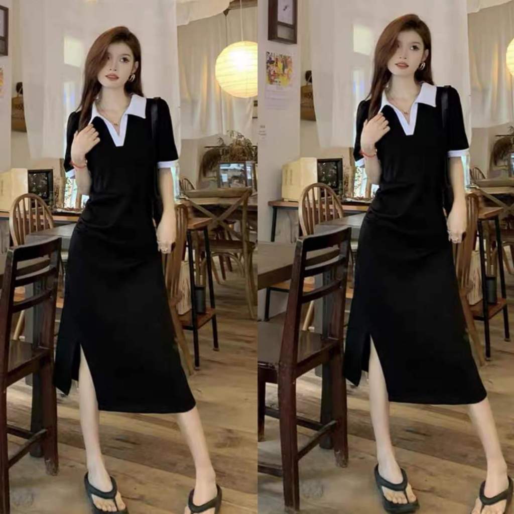 Đầm Váy Xẻ Tà Thun Gân Tăm Cổ Tim Bigsize 50-95kg