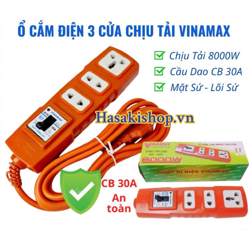 Ổ Cắm 3 Ngả Đa Năng Cao Cấp Chính Hãng VINAMAX-Chịu Tải Cao 8000W-Lõi Sứ Chịu Nhiệt- Có Attomat Cao Cấp 30A