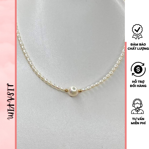 Vòng cổ choker trai nhí gạo 2 li mix viên trai biển 6 li màu trắng