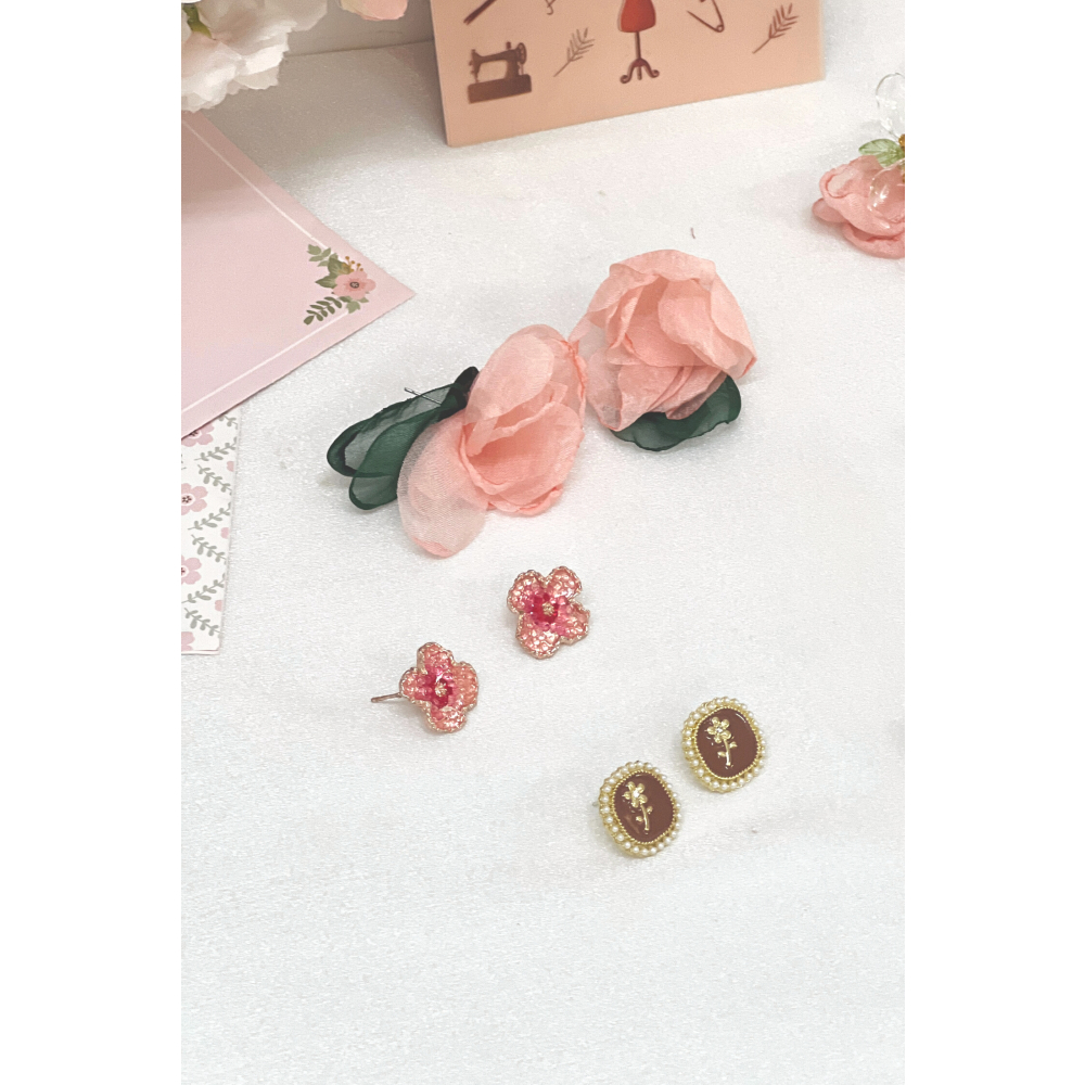 Sumire Store Hoa tai NK-122 vuông vintage nâu cành hoa viền hạt ngọc