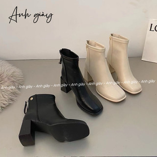B14 - Bốt lửng mũi vuông gót trụ 6p  da lì khoá sau  hàng loại 1 full box( ảnh thật kèm video)