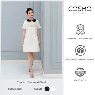 Váy suông kem phối lưới đá ngực ,cổ đen COSMO Design 12008
