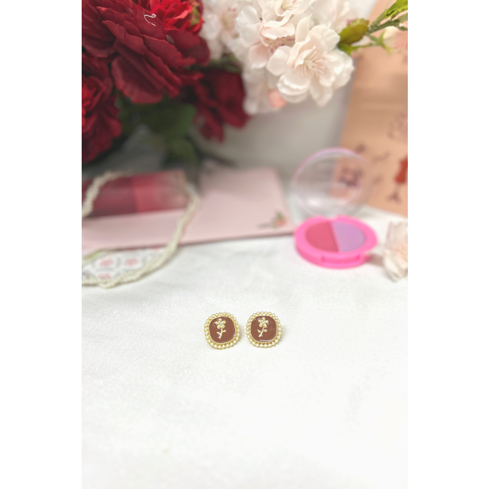 Sumire Store Hoa tai NK-122 vuông vintage nâu cành hoa viền hạt ngọc