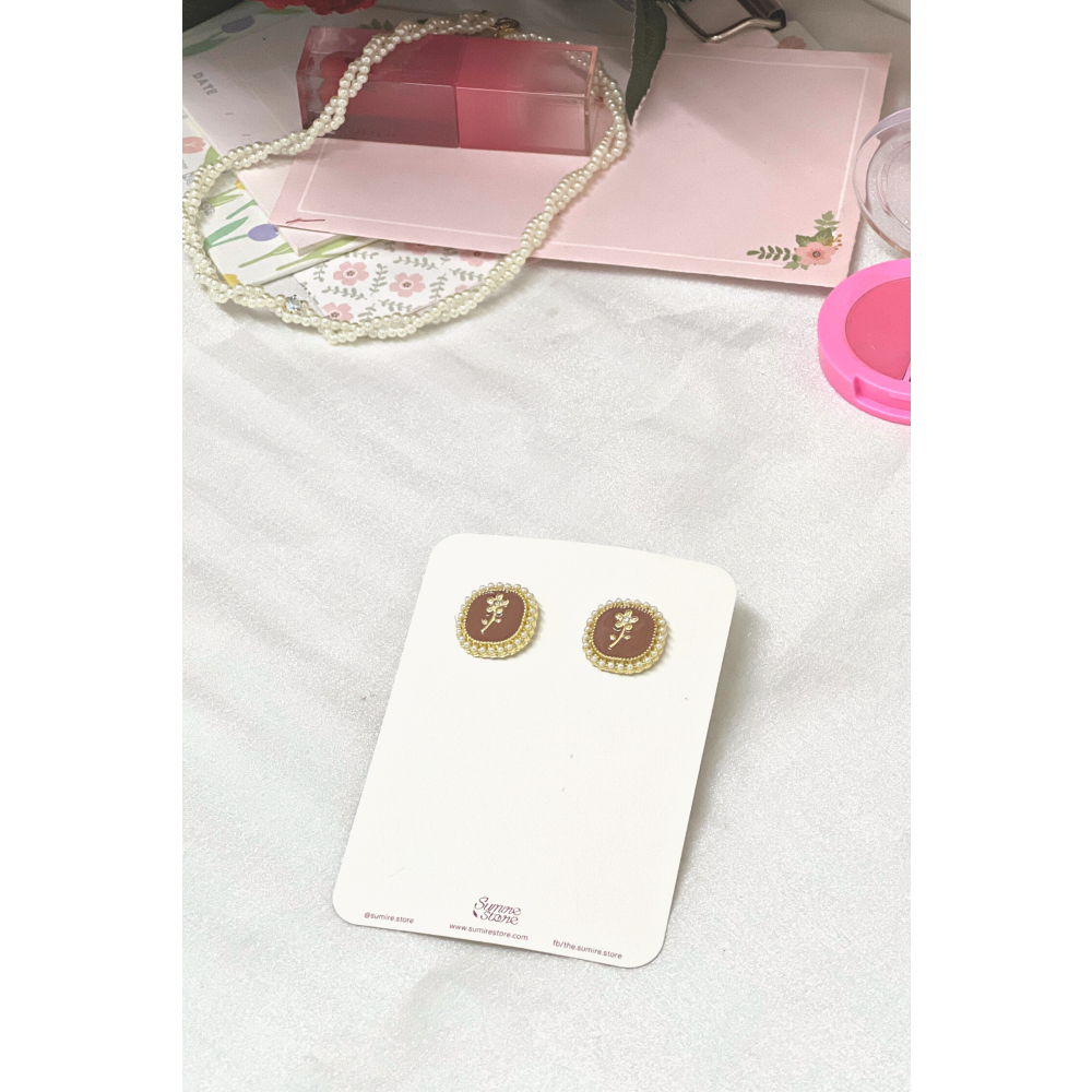 Sumire Store Hoa tai NK-122 vuông vintage nâu cành hoa viền hạt ngọc