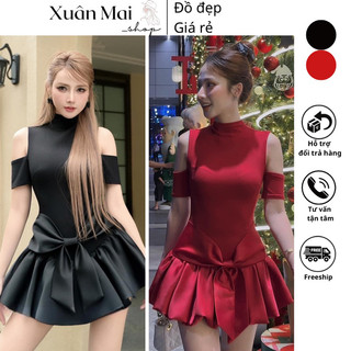 Đầm khoét vai tay ngắn form xoè nơ eo hai màu đen đỏ mặc Noel, Tết