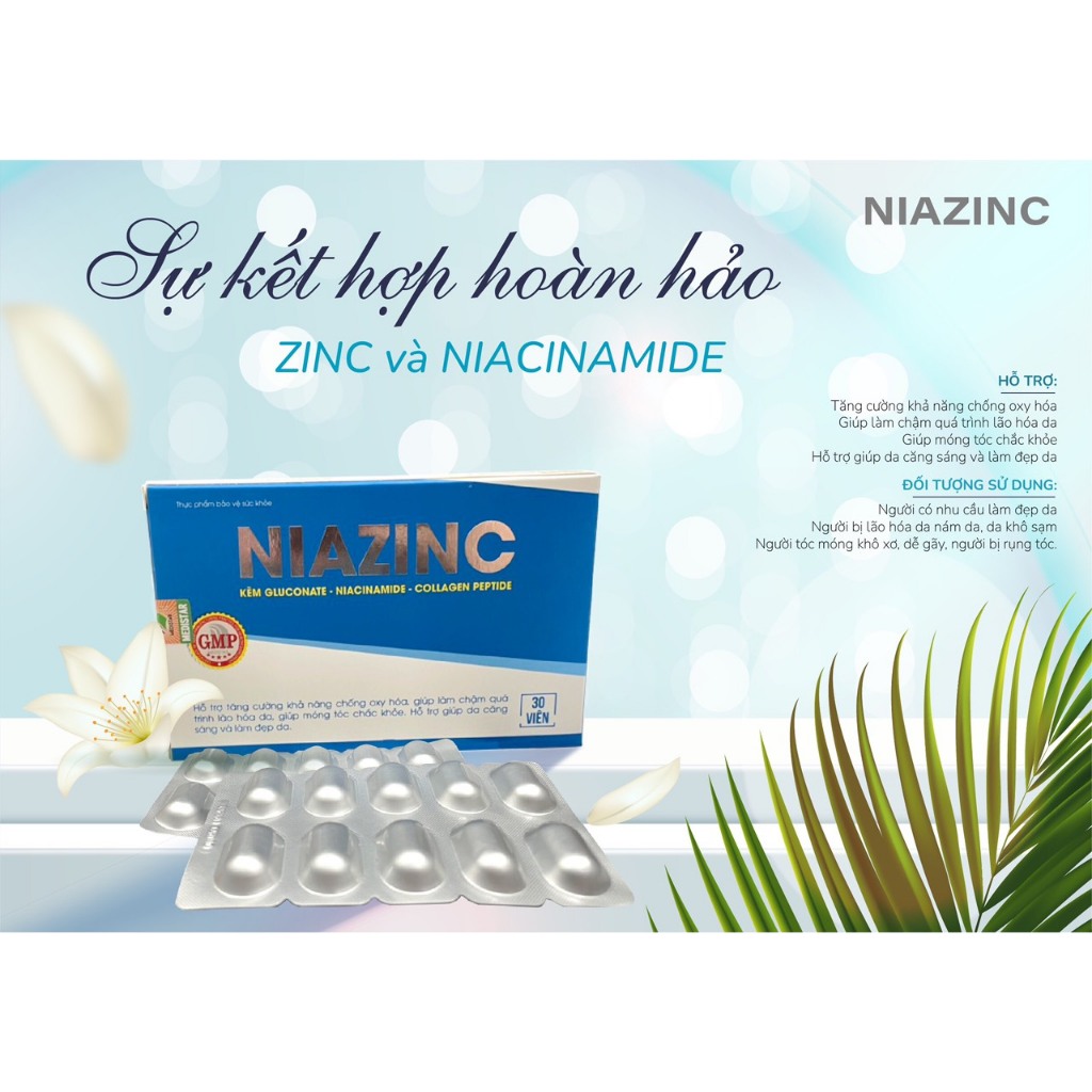 Viên Uống Bổ Sung Kẽm Cho Cơ Thể Hỗ Trợ Giúp Da Căng Sáng Giảm Lão Hóa Giúp Móng Và Tóc Chắc Khỏe NiaZinC - hộp 30 viên