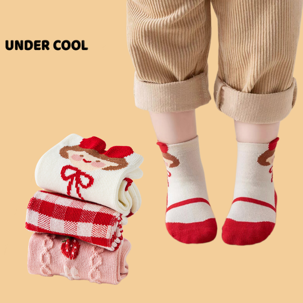 Set 5 Đôi Tất Bé Gái UNDERCOOL Tone Màu Hồng Hoạ Tiết Dâu Tây Kẻ Caro