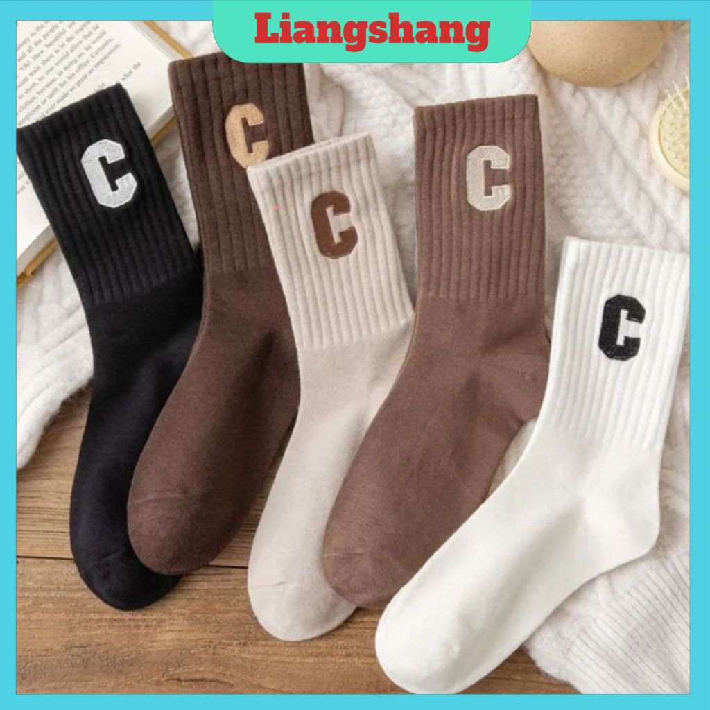 Set 5 Đôi Tất " Tông Màu Nâu " - Tất, Vớ cổ cao nữ nam hoạ tiết chữ C chất liệu cotton co giãn