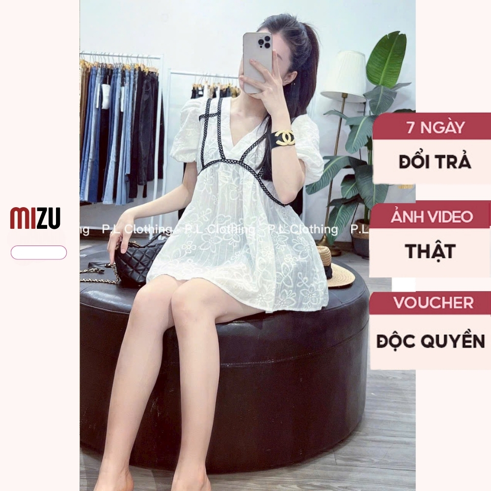 Áo Sơ Mi Nữ Cộc Tay Chun Co Giãn Viền Đen Thêu Hoa Nhí Cổ V Có Bigsize MIZU - Chất vải Boi Hàng 2 Lớp Ảnh Thật Mã A43