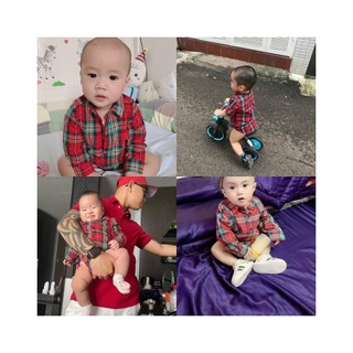 👦 🎉 🏮🧧 Sự Lịch Lãm và Năng Động - Romper Sơ Mi Dài Tay Caro Đỏ Xanh Cho Bé Trai Đón Tết Nguyên Đán! 🏮🌟