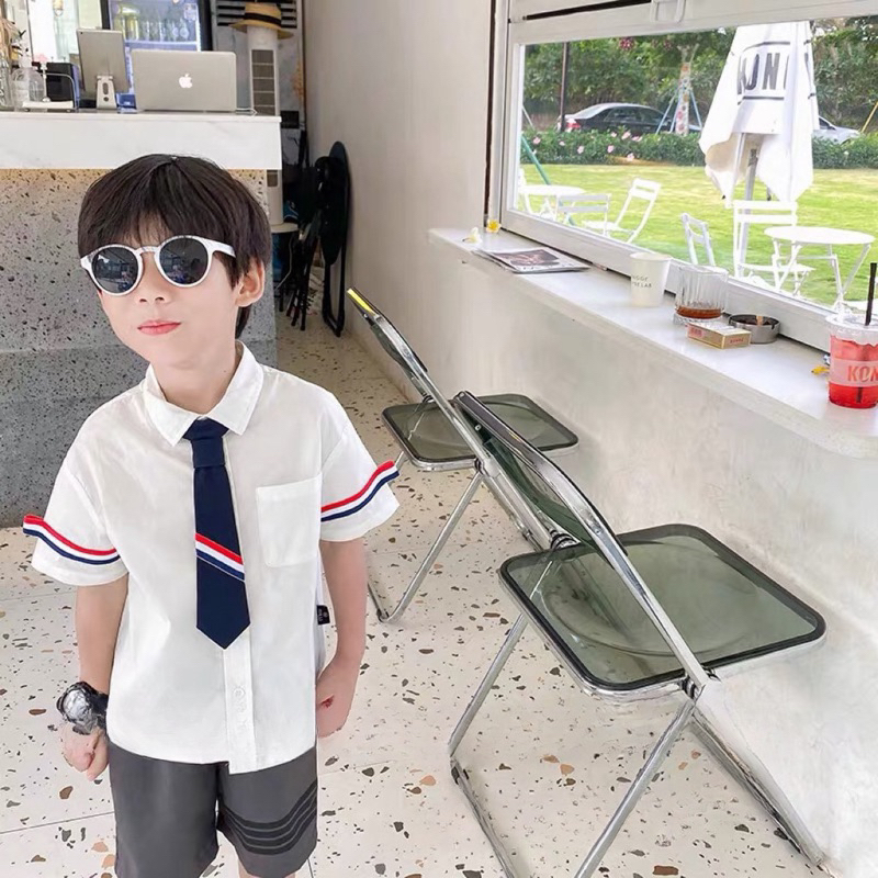 Quần áo bé trai, set 3ct: áo sơ mi trắng, quần short kaki 2 da TẶNG CÀ VẠT cho bé 9-22kg