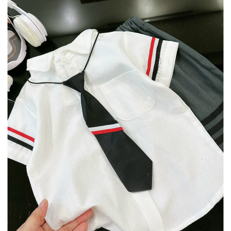 Quần áo bé trai, set 3ct: áo sơ mi trắng, quần short kaki 2 da TẶNG CÀ VẠT cho bé 9-22kg