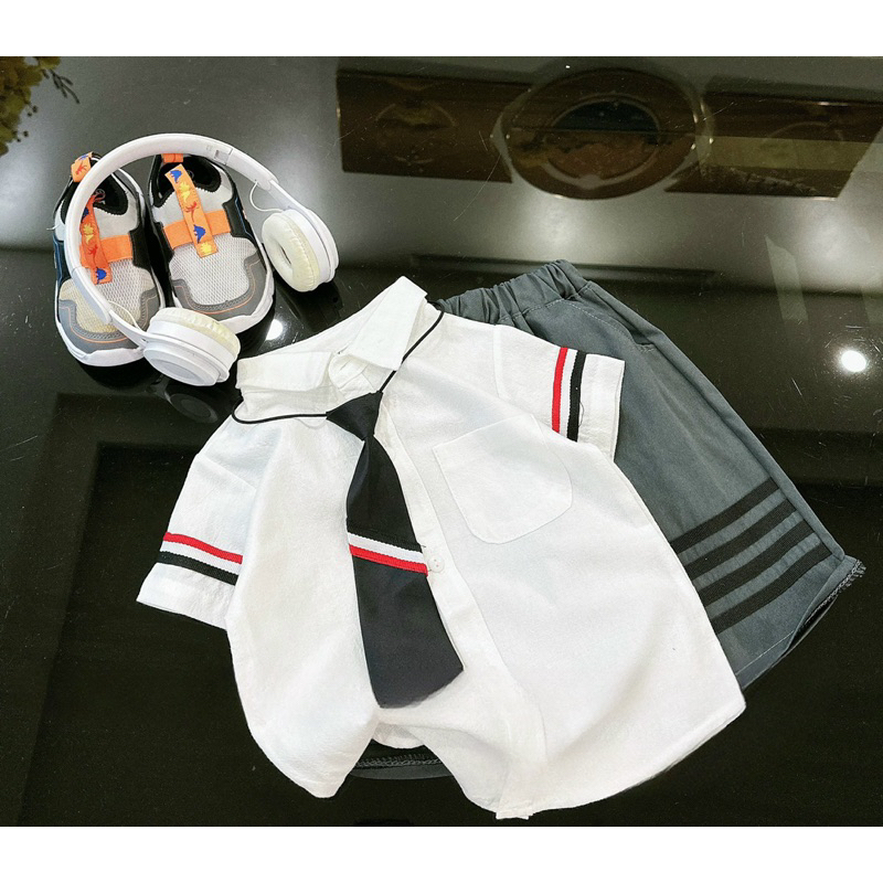 Quần áo bé trai, set 3ct: áo sơ mi trắng, quần short kaki 2 da TẶNG CÀ VẠT cho bé 9-22kg