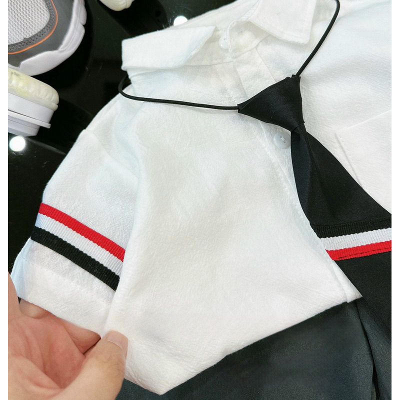 Quần áo bé trai, set 3ct: áo sơ mi trắng, quần short kaki 2 da TẶNG CÀ VẠT cho bé 9-22kg