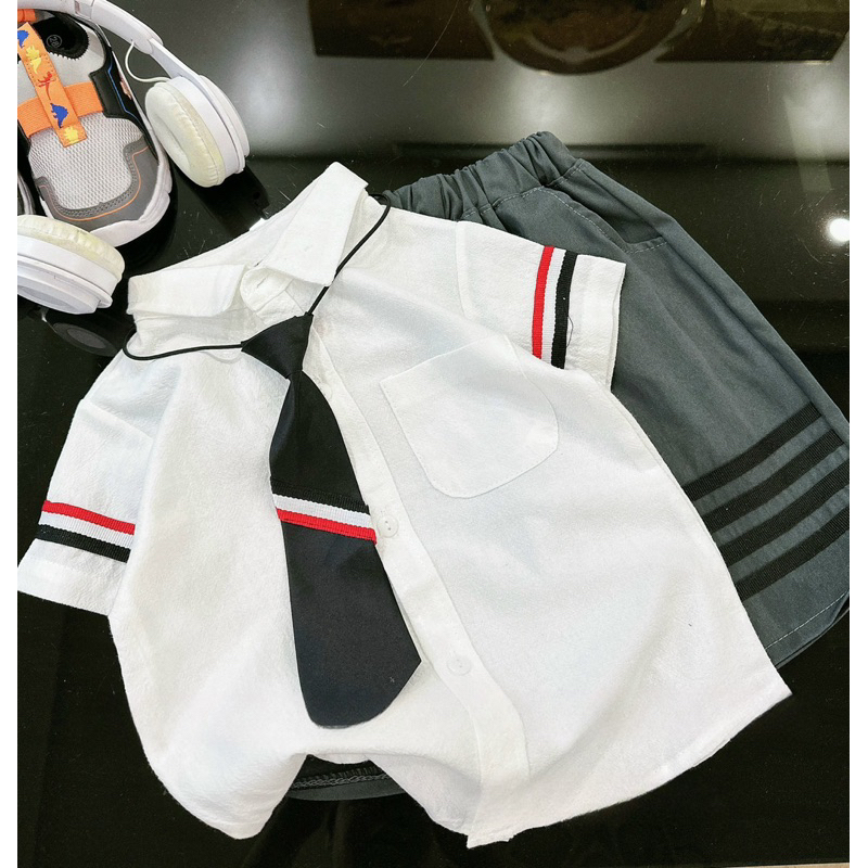 Quần áo bé trai, set 3ct: áo sơ mi trắng, quần short kaki 2 da TẶNG CÀ VẠT cho bé 9-22kg
